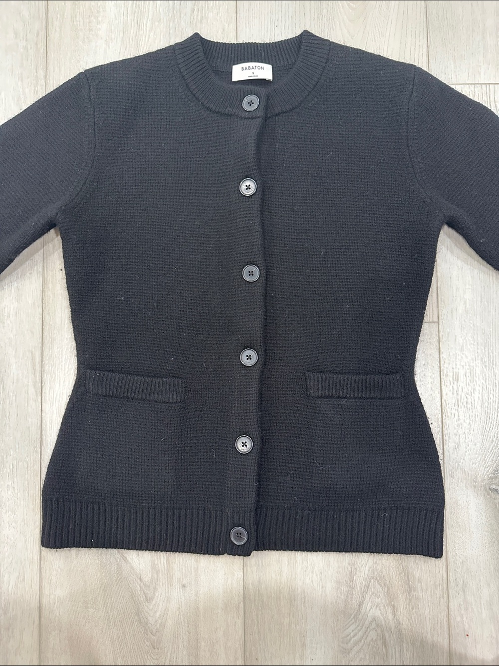 Babaton Black Ribbed Button-Front Cardigan long sleeve